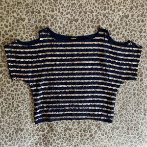 vintage y2k Bebe blue and gold striped sequin cold shoulder top